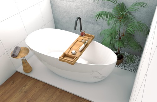 Freistehende Badewanne 160 x 70 cm Ablauf Click Clack Mineralguss Goya - Bambus Ablage