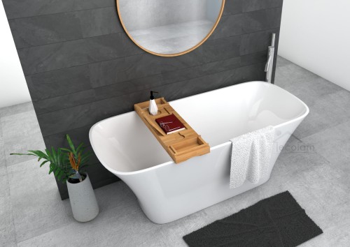 Freistehende Badewanne + Ablage Badewannenbrett BAMBUS 160 x 70 cm Ablauf Click Clack Mineralguss Assos
