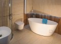 Freistehende Badewanne 160 x 80 cm + Bambus Ablage Ablauf Click Clack Mineralguss Siena
