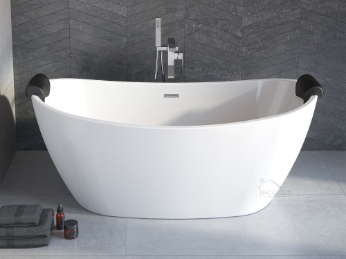 Freistehende Badewanne Ayla Acryl 170 x 80 cm Ab- und Überlauf Click Clack optional Kopfstütze in Schwarz (id: 1094)