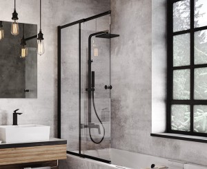 Badewannenabtrennung Schiebetür Duschabtrennung 2-Teile 150 x 100 cm Klarglas Easy Slide schwarz black