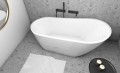 Freistehende Standbadewanne Badewanne Acryl 150 x 80 cm Ab- und Überlauf Click Clack Elma + Ablage Badewannenbrett Bambus