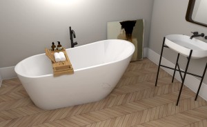 Freistehende Standbadewanne Badewanne Acryl 170 x 80 cm Ab- und Überlauf Click Clack Elma  + Ablage Badewannenbrett Bambus