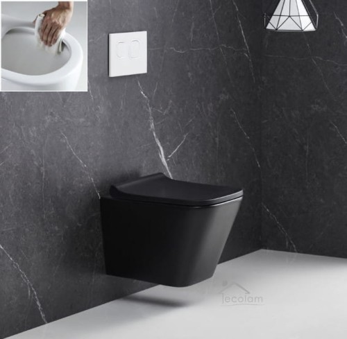SET hänge Toilette schwarz matt Wand WC Tiefspül Lago black RIMLESS Clean on spüllrandlos + WC-Sitz Slim Soft Close