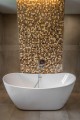 Freistehende Standbadewanne Badewanne Acryl 150 x 80 cm Ab- und Überlauf Click Clack Clara + Ecktisch Costa Bambus