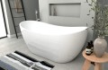 Freistehende Standbadewanne Badewanne Acryl 150 x 80 cm Ab- und Überlauf Click Clack Clara + Ecktisch Costa Bambus