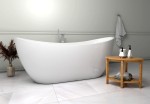 Freistehende Standbadewanne Badewanne Acryl 160 x 80 cm Ab- und Überlauf Click Clack Clara + Ecktisch Costa Bambus