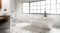Freistehende Standbadewanne Badewanne Acryl 160 x 80 cm Ab- und Überlauf Click Clack Clara + Ecktisch Costa Bambus