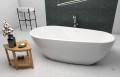Freistehende Standbadewanne Badewanne Acryl 166 x 85 cm Ab- und Überlauf Click Clack Kira + Ecktisch Costa Bambus