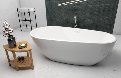 Freistehende Standbadewanne Badewanne Acryl 166 x 85 cm Ab- und Überlauf Click Clack Kira + Ecktisch Costa Bambus