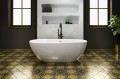 Freistehende Standbadewanne Badewanne Acryl 166 x 85 cm Ab- und Überlauf Click Clack Kira + Ecktisch Costa Bambus