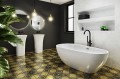 Freistehende Standbadewanne Badewanne Acryl 166 x 85 cm Ab- und Überlauf Click Clack Kira + Ecktisch Costa Bambus