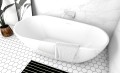 Freistehende Standbadewanne Badewanne Acryl 166 x 85 cm Ab- und Überlauf Click Clack Kira + Ecktisch Costa Bambus