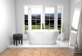 Freistehende Standbadewanne Badewanne Acryl 150 x 80 cm Ab- und Überlauf Click Clack Viena + Ablage Badewannenbrett Bambus