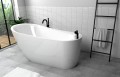Freistehende Standbadewanne Badewanne mit Ablage Acryl 150 x 80 cm Ab- und Überlauf Elke + Tisch Badbank Bambus Lago