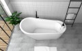 Freistehende Standbadewanne Badewanne mit Ablage Acryl 150 x 80 cm Ab- und Überlauf Elke + Tisch Badbank Bambus Lago