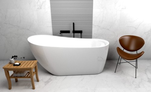 Freistehende Standbadewanne Badewanne mit Ablage Acryl 150 x 80 cm Ab- und Überlauf Elke + Tisch Badbank Bambus Lago