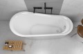 Freistehende Standbadewanne Badewanne mit Ablage Acryl 150 x 80 cm Ab- und Überlauf Elke + Tisch Badbank Bambus Lago