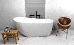 Freistehende Standbadewanne Badewanne mit Ablage Acryl 160 x 80 cm Ab- und Überlauf Elke + Tisch Badbank Bambus Lago