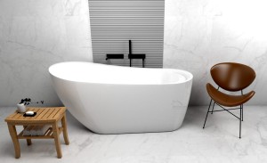 Freistehende Standbadewanne Badewanne mit Ablage Acryl 160 x 80 cm Ab- und Überlauf Elke + Tisch Badbank Bambus Lago