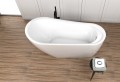 Freistehende Standbadewanne Badewanne mit Ablage Acryl 160 x 80 cm Ab- und Überlauf Elke + Tisch Badbank Bambus Lago
