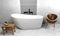 Freistehende Standbadewanne Badewanne mit Ablage Acryl 170 x 80 cm Ab- und Überlauf Elke + Tisch Badbank Bambus Lago