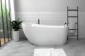Freistehende Standbadewanne Badewanne mit Ablage Acryl 170 x 80 cm Ab- und Überlauf Elke + Tisch Badbank Bambus Lago