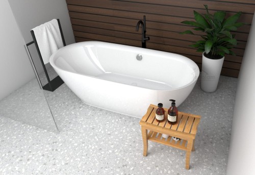Freistehende Standbadewanne Badewanne Acryl 152 x 75 cm Ab- und Überlauf Adele + Tisch Badbank Bambus Lago