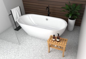  Freistehende Standbadewanne Badewanne Acryl 180 x 82 cm Ab- und Überlauf Adele + Tisch Badbank Bambus
