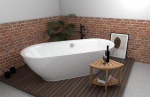 Freistehende Badewanne Standbadewanne Acryl 180x82 cm Adele Ab- und Überlauf + Ecktisch Bambus Costa