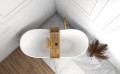 Freistehende Badewanne 170 x 72 cm Ablauf Click Clack Mineralguss Viya + Ablage Bambus