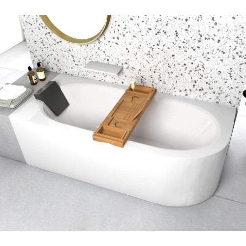 Badewanne Eckbadewanne Avita 170x75 cm links + Bambusablage schwarze Kopfstütze (id: 1637)