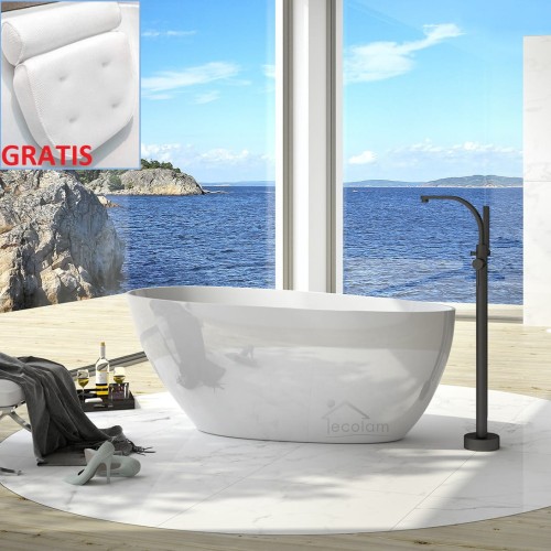 Freistehende Badewanne 160 x 70 cm Ablauf Click Clack Mineralguss Goya + Kopfkissen Sole (id: 1661)