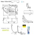 Badewanne Wela 150x100 cm rechts mit LED Beleuchtung Unterwasserbeleuchtung Eckbadewanne + Siphon Viega (id: 1912)