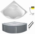 Badewanne Eckbadewanne Selma 140x140 cm + Kopfkissen Sole + Siphon Viega Wannenträger