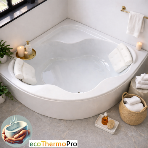 Badewanne Selma 150x150 cm Kopfkissen Sole mit Isolierung Thermobadewanne Eckbadewanne + Siphon Viega (id: 2206)