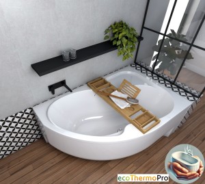 Badewanne Eckwanne Wela 150x100 cm rechts Ablage Bambus Thermobadewanne Isolierung Acrylwanne + Siphon Viega