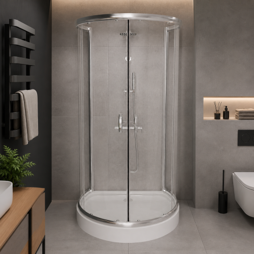 Duschkabine + Duschwanne U Form 100 x 80 cm Duschtasse Halbkreis Duschset Siphon (id: 2272)
