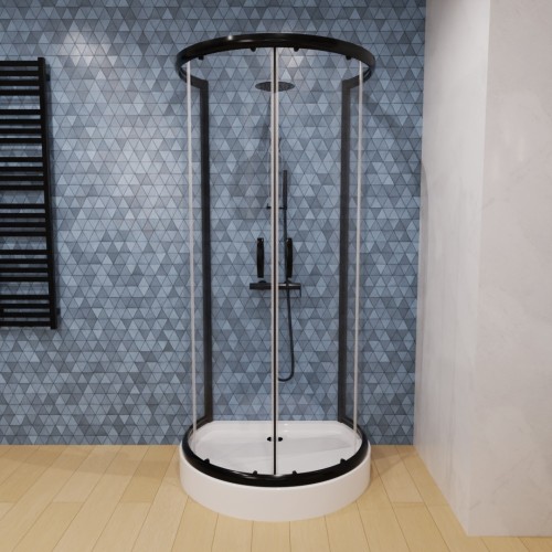 Duschkabine U Form Schwarz + Duschwanne 100 x 80 cm Halbkreis Duschset Siphon (id: 2279)