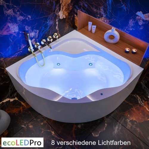 Badewanne Selma 140x140 cm mit LED Beleuchtung Unterwasserbeleuchtung Isolierung Eckbadewanne + Siphon Viega (id: 2330)