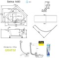 Badewanne Selma 140x140 cm mit LED Beleuchtung Unterwasserbeleuchtung Isolierung Eckbadewanne + Siphon Viega (id: 2330)