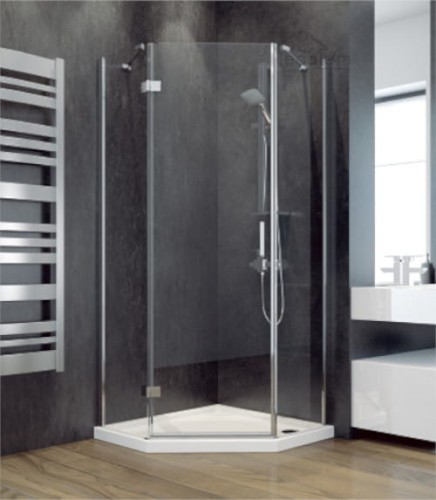 Set Duschkabine Dusche Viva+ Duschwanne Bergo Fünfeck 90x90x195 cm Klarglas Tür LINKS