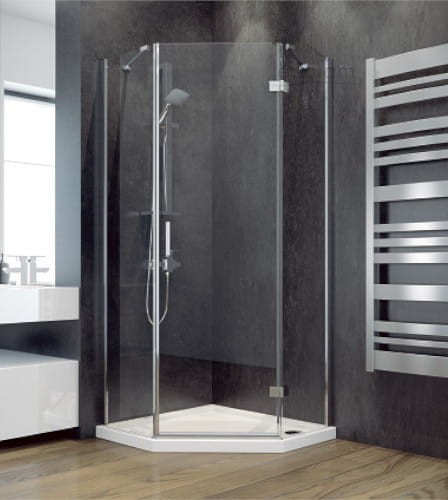 Set Duschkabine Dusche Viva+ Duschwanne Bergo Fünfeck 90x90x195 cm Klarglas Tür RECHTS