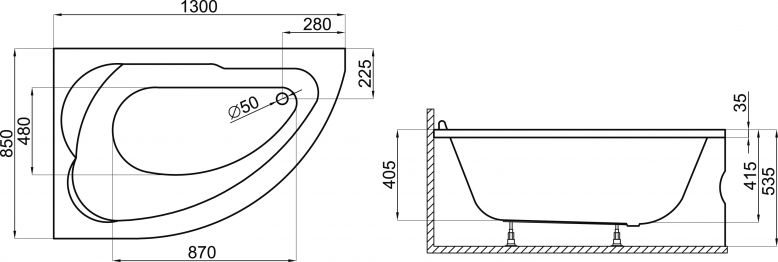 Badewanne Eckwanne Standard 130x85 links Abmessung