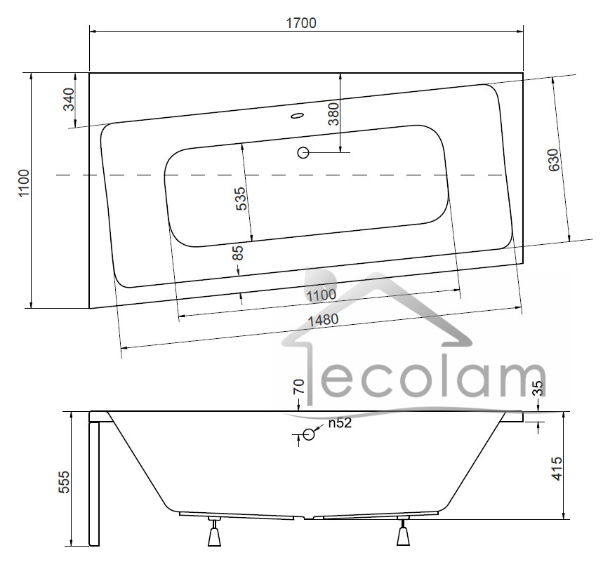Eckbadewanne Trapezwanne Acryl INFINITY 170x110 cm links abmessung