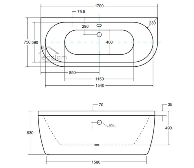 Vorwand- Badewanne Vista 170 x 75 Abmessung