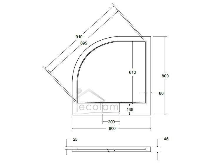 Duschwanne Viertelkreis 80 x 80 x 4,5 x 2,5 cm R55 Abmessung