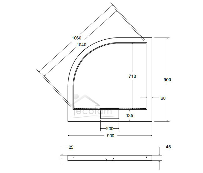 Duschwanne Viertelkreis 90 x 90 x 4,5 x 2,5 cm R55 Abmessung
