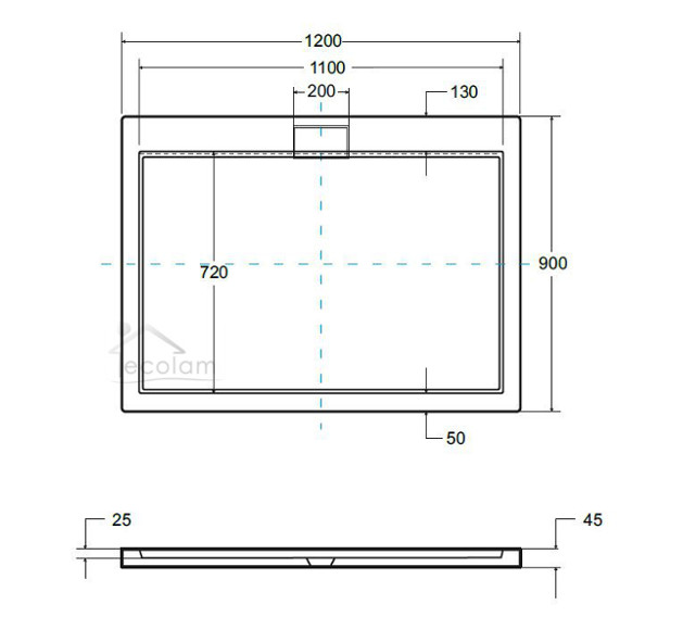 Duschwanne Rechteck 120 x 90 x 4,5 x 2,5 Abmessung