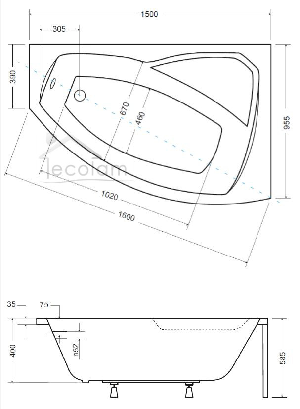 Eckbadewanne  Rima 150x95 rechts Abmessung